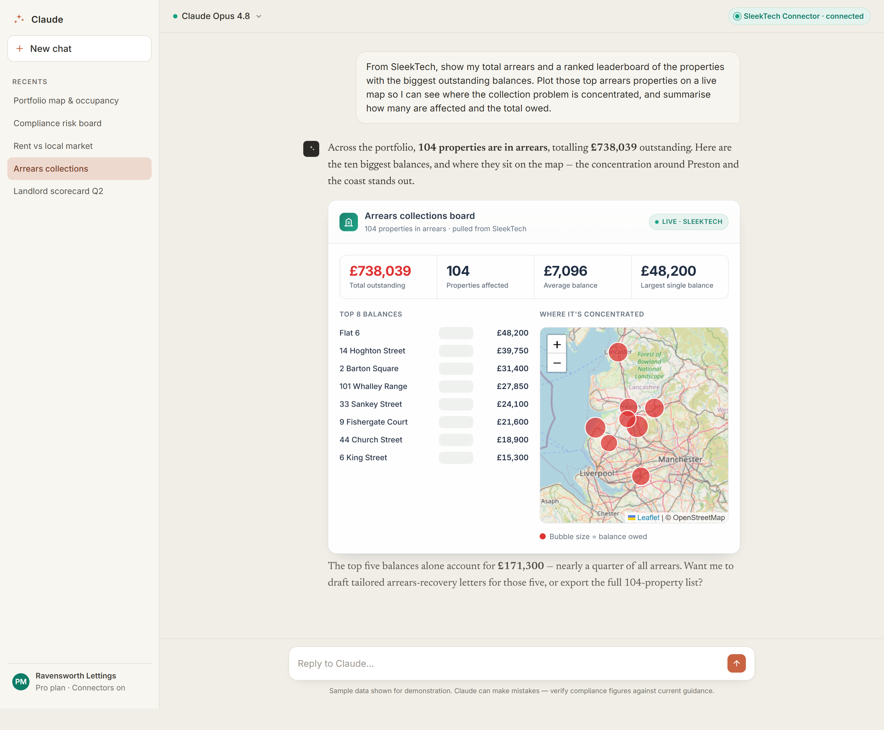 AI assistant showing an arrears leaderboard and a hotspot map of where outstanding balances are concentrated