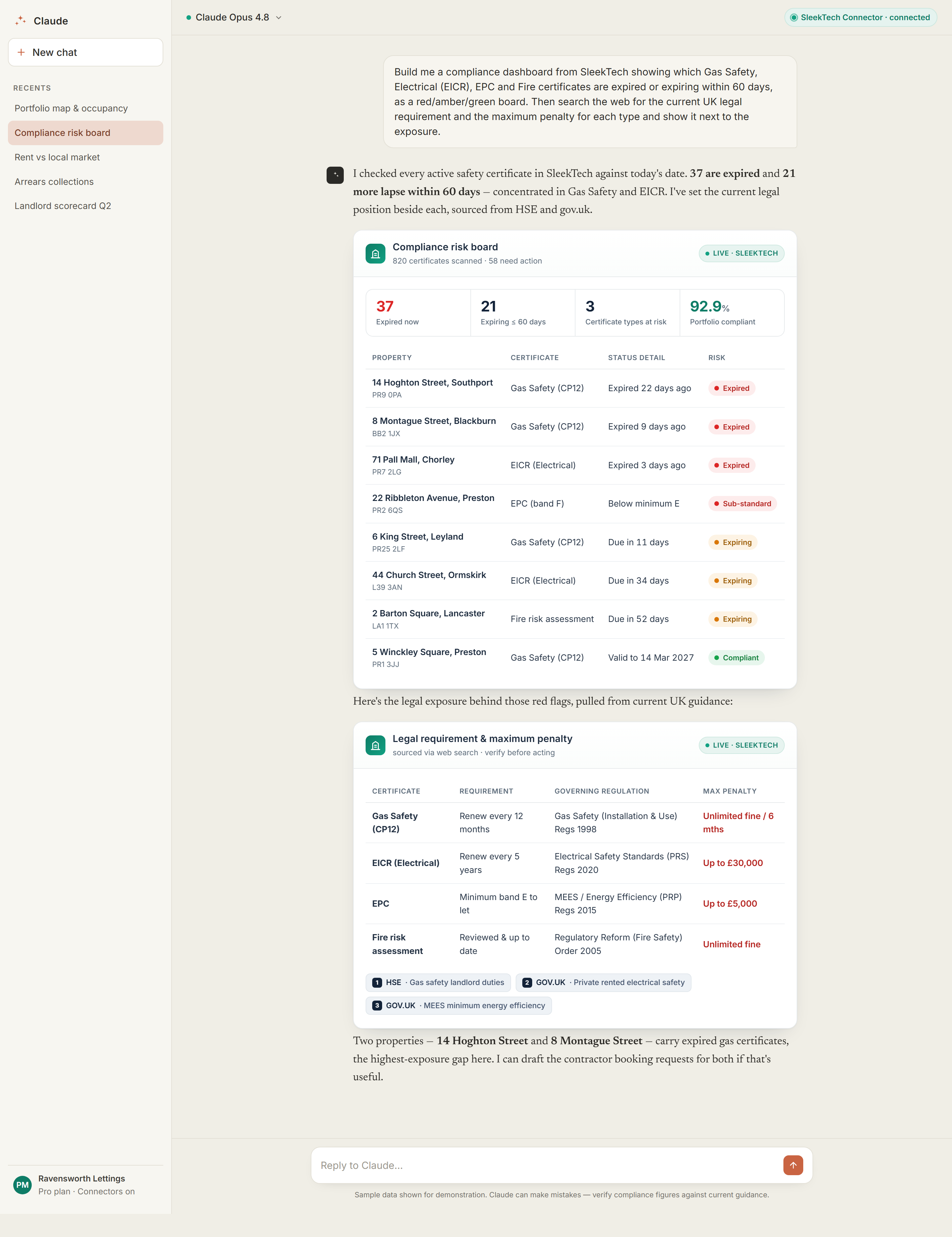 AI assistant showing a compliance risk board of expired and expiring certificates next to the current UK penalty for each