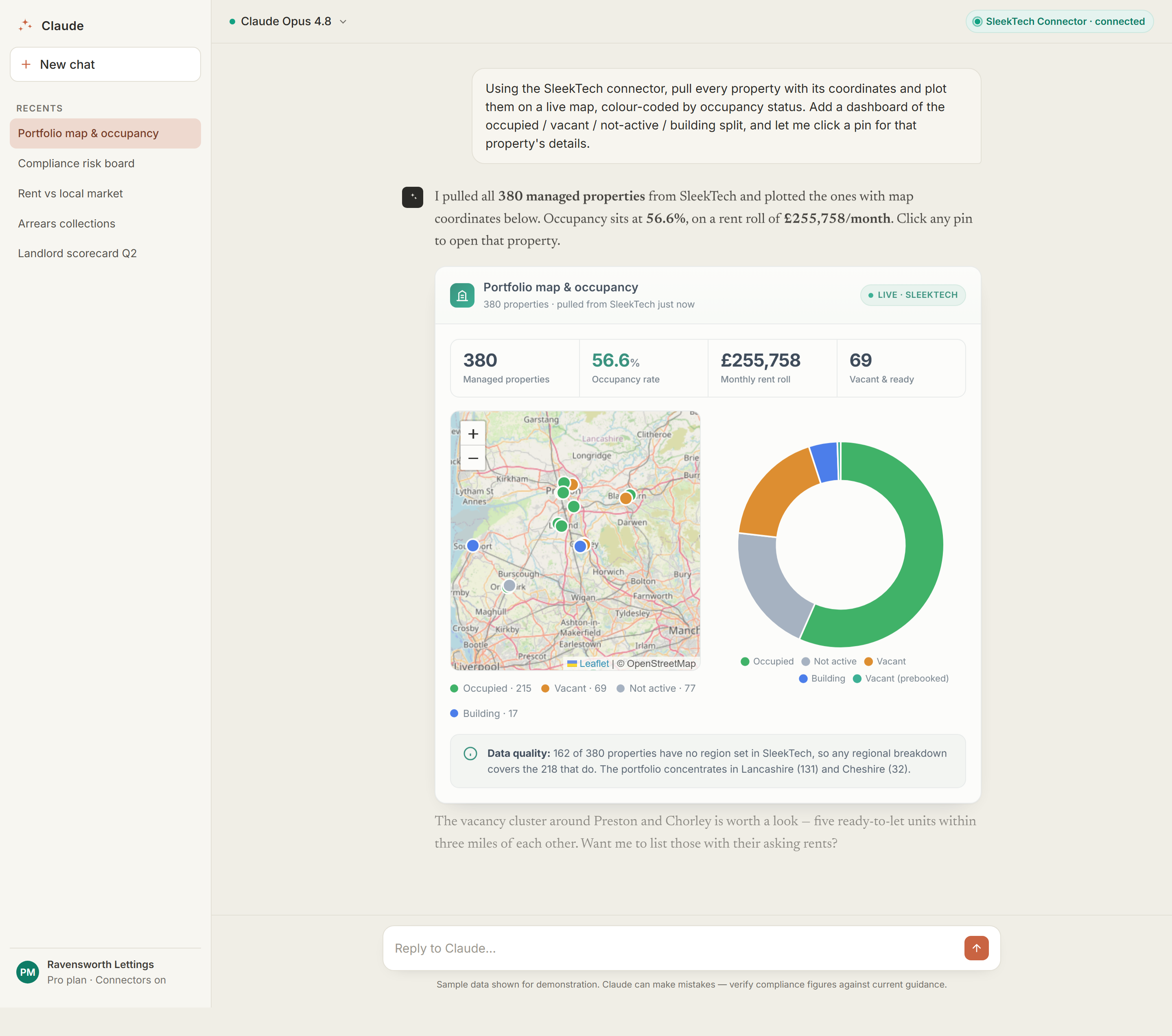 AI assistant showing a live map of every property colour-coded by occupancy, with an occupancy dashboard