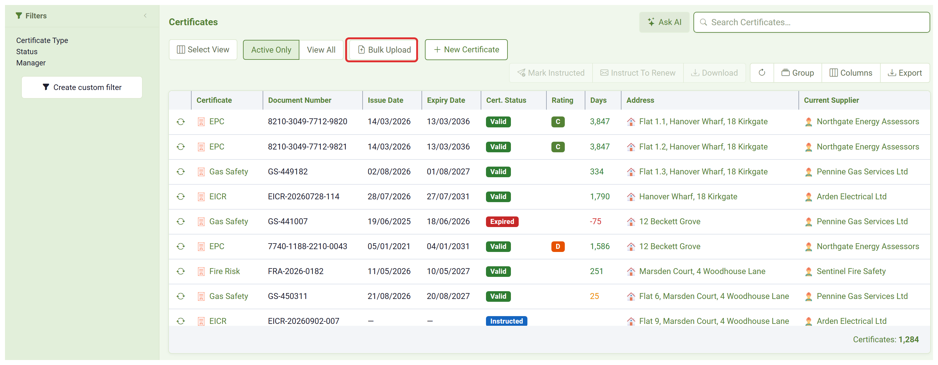 The Certificates screen with the new Bulk Upload button on the toolbar.