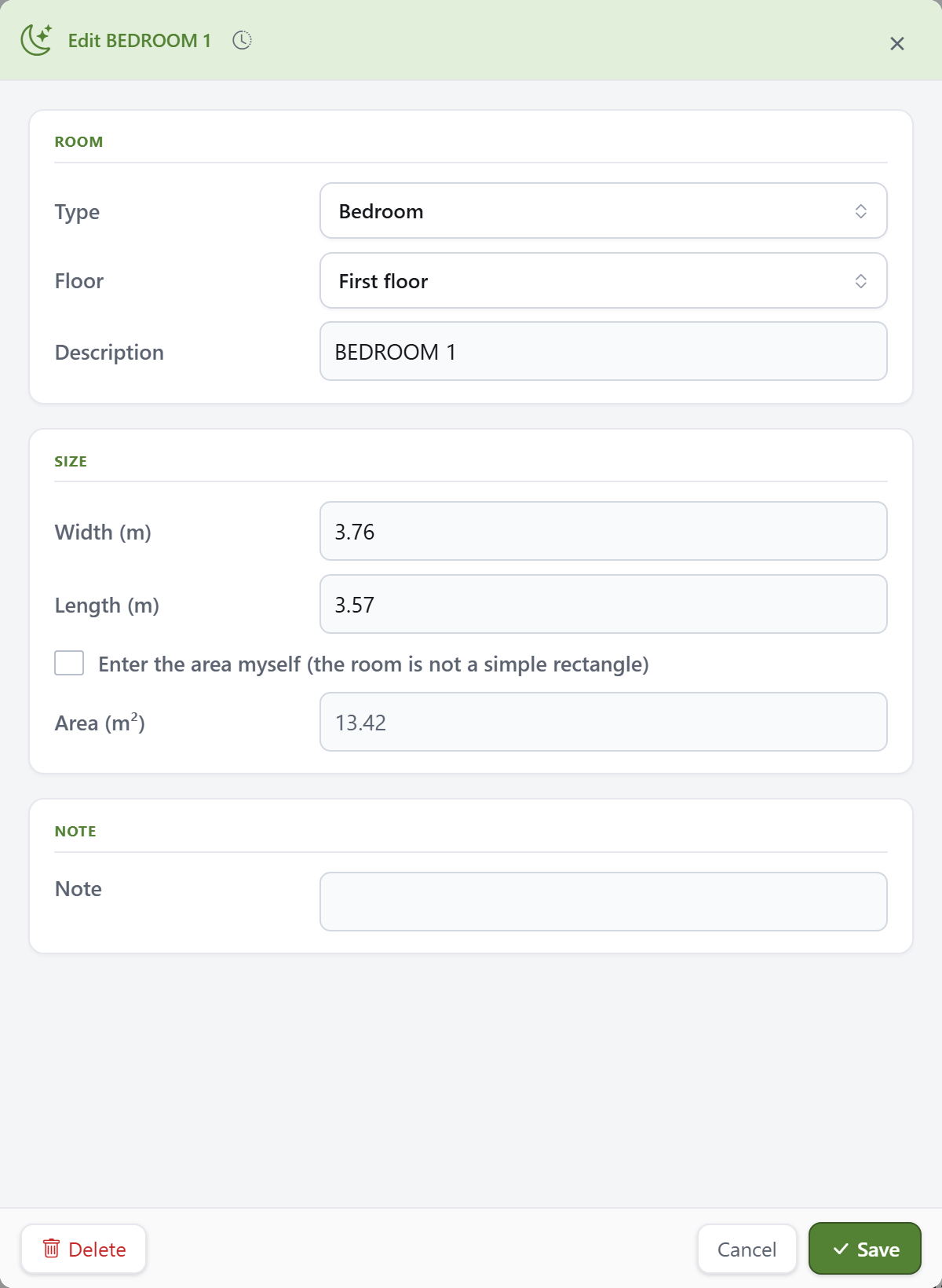 The room editor with the room type, floor, description, width, length and area.