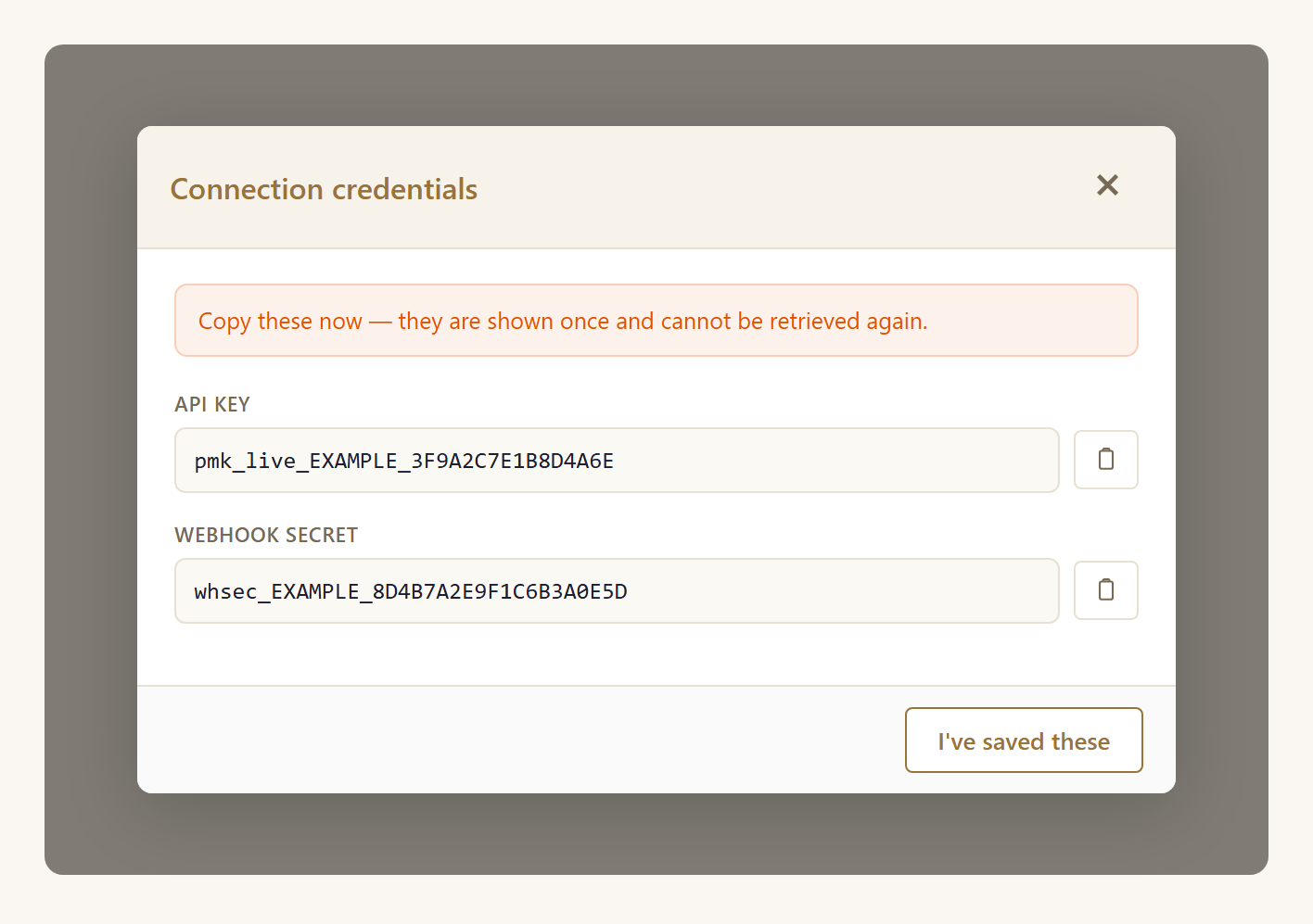 The Connection credentials dialog showing an example API key and Webhook secret, each with a copy button.