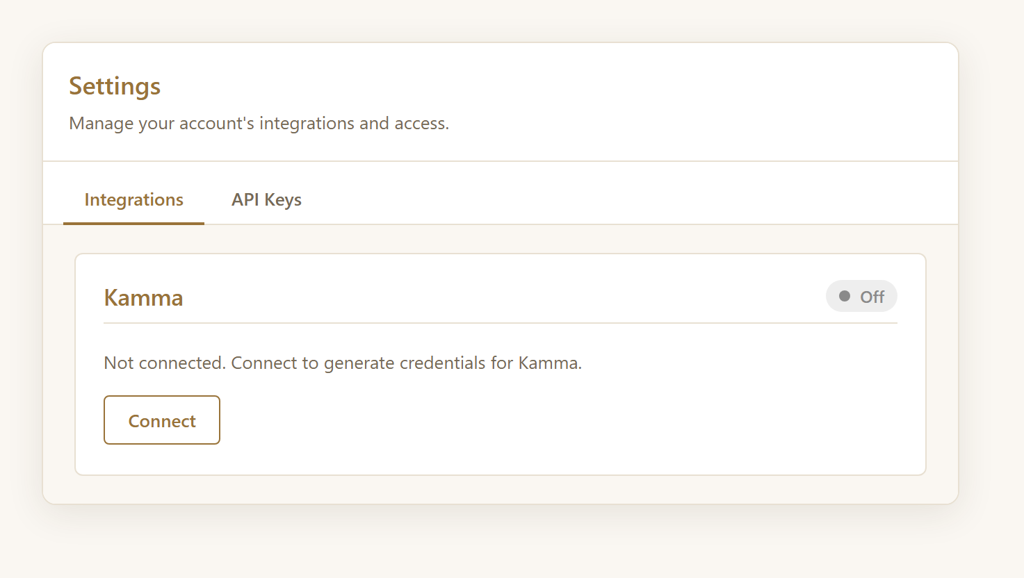 The Integrations tab in Settings, showing the Kamma card with a Connect button.