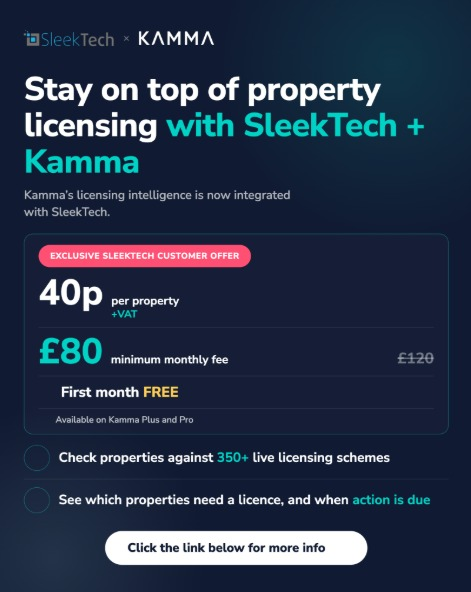 Exclusive SleekTech customer offer from Kamma: 40p per property plus VAT, 80 pounds minimum monthly fee reduced from 120, first month free, available on Kamma Plus and Pro.