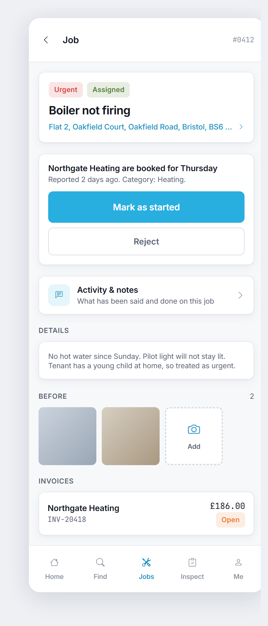A job card, showing the priority and status badges, the next step button, details, before photos and an invoice.