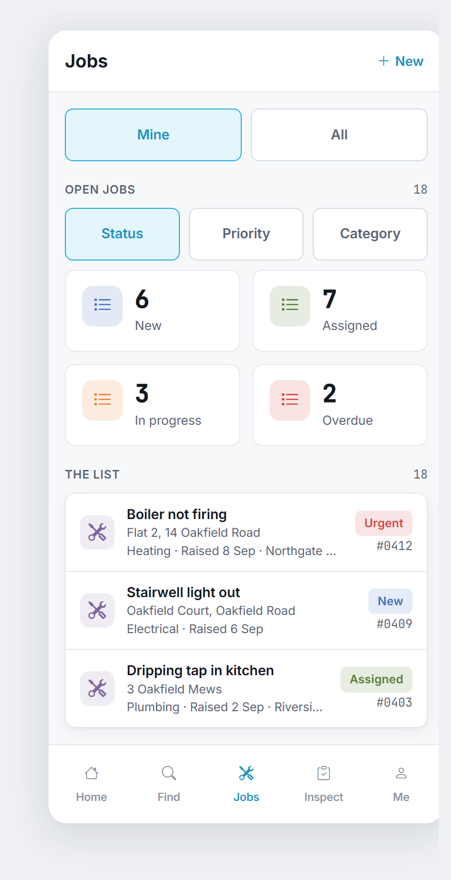 The jobs screen, showing the Mine and All switch, a breakdown by status, and the list of open jobs below.