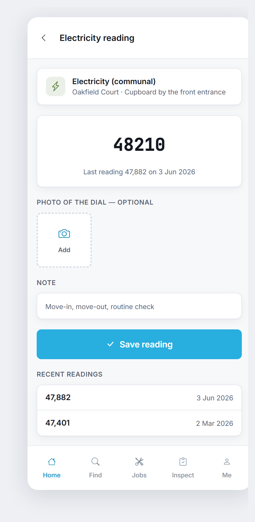 Logging a meter reading, with a large numeric field, an optional photo of the dial, a note and recent readings.