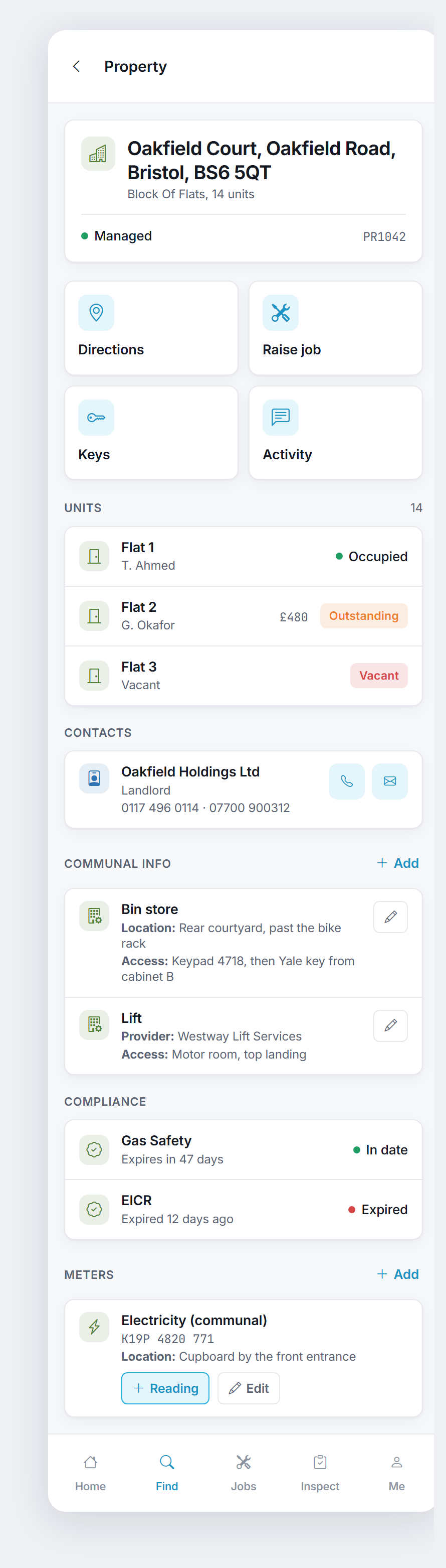 The property card, showing the header, four quick actions, units, contacts, communal info, compliance and meters.