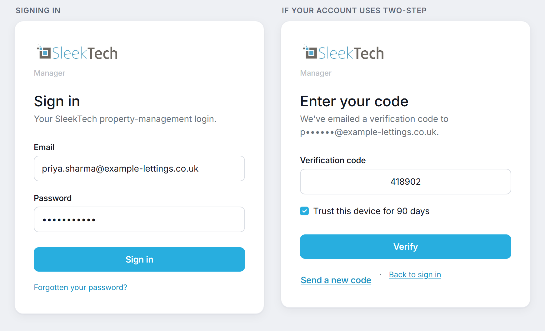 The Manager App sign-in screen, and the verification code screen shown to accounts that use two-step sign-in.