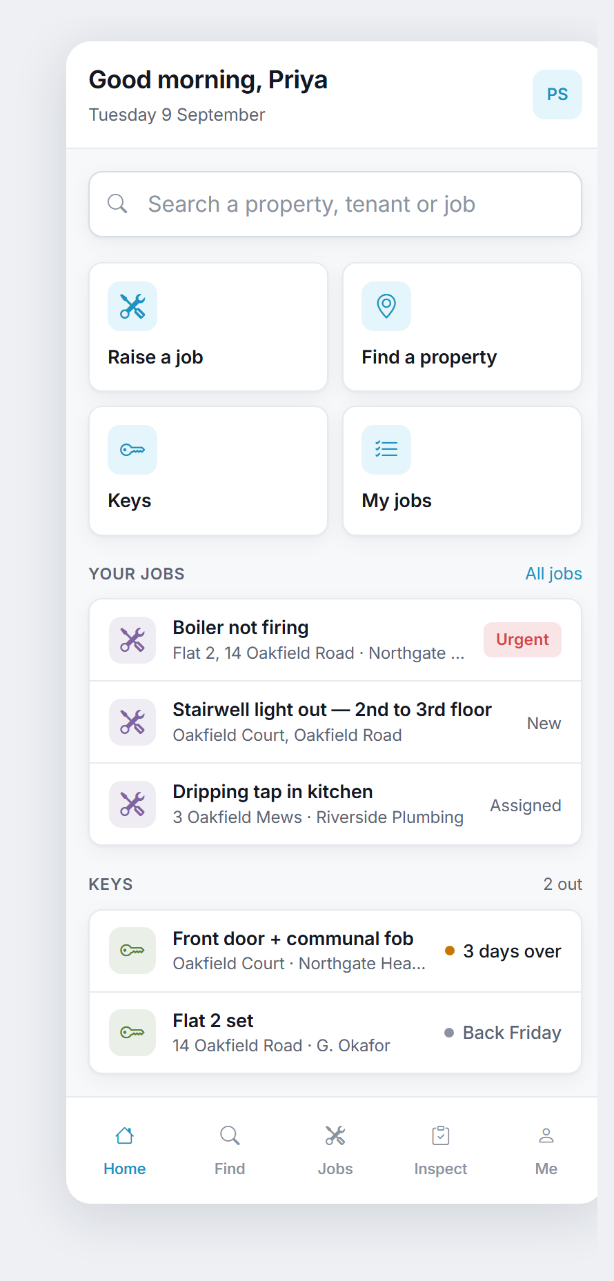 The Today screen, showing the search box, four quick actions, the manager's own open jobs and the keys that are out.