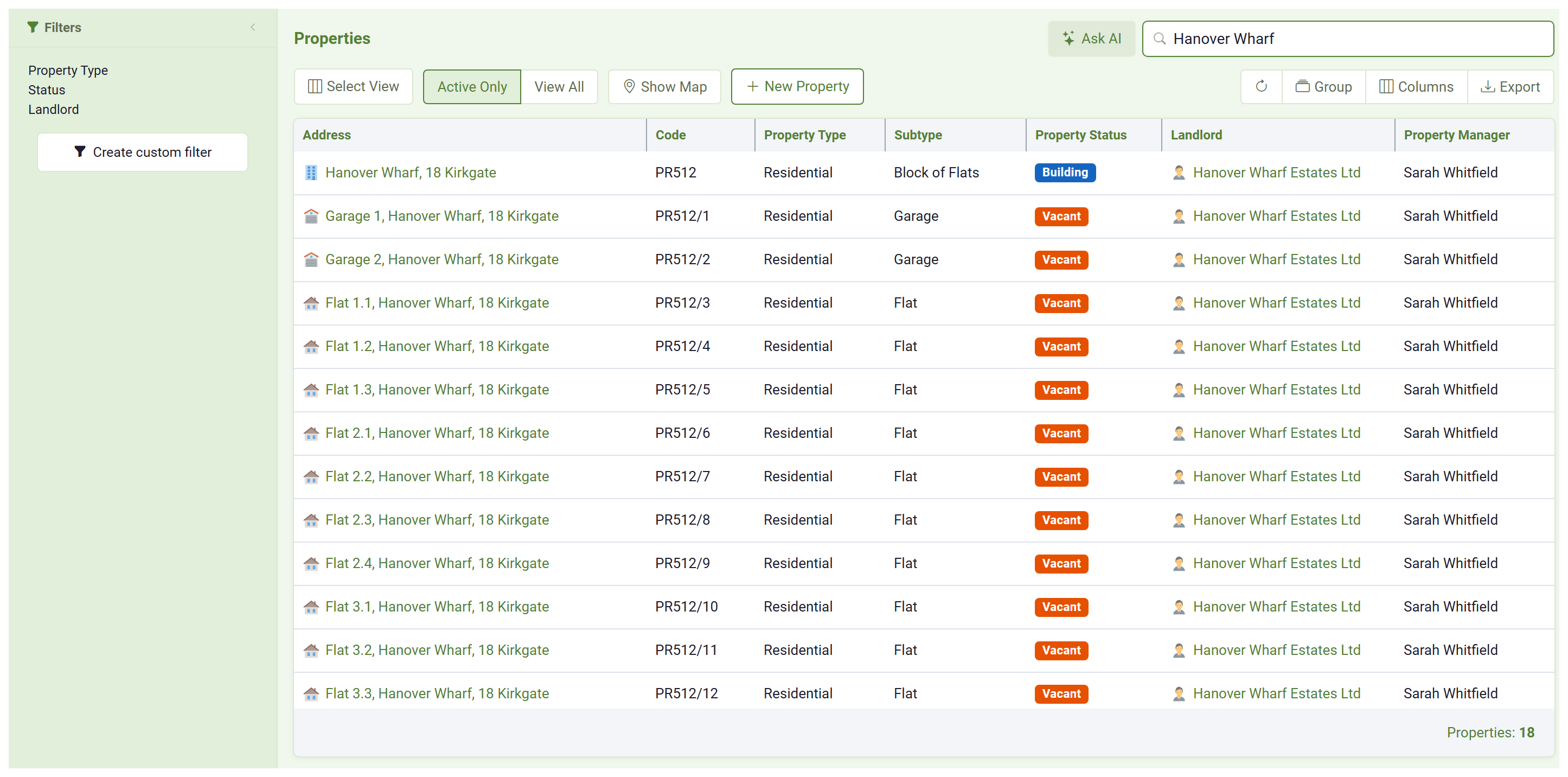 The Properties screen in SleekTech showing the new building and all seventeen units created from the conversation.