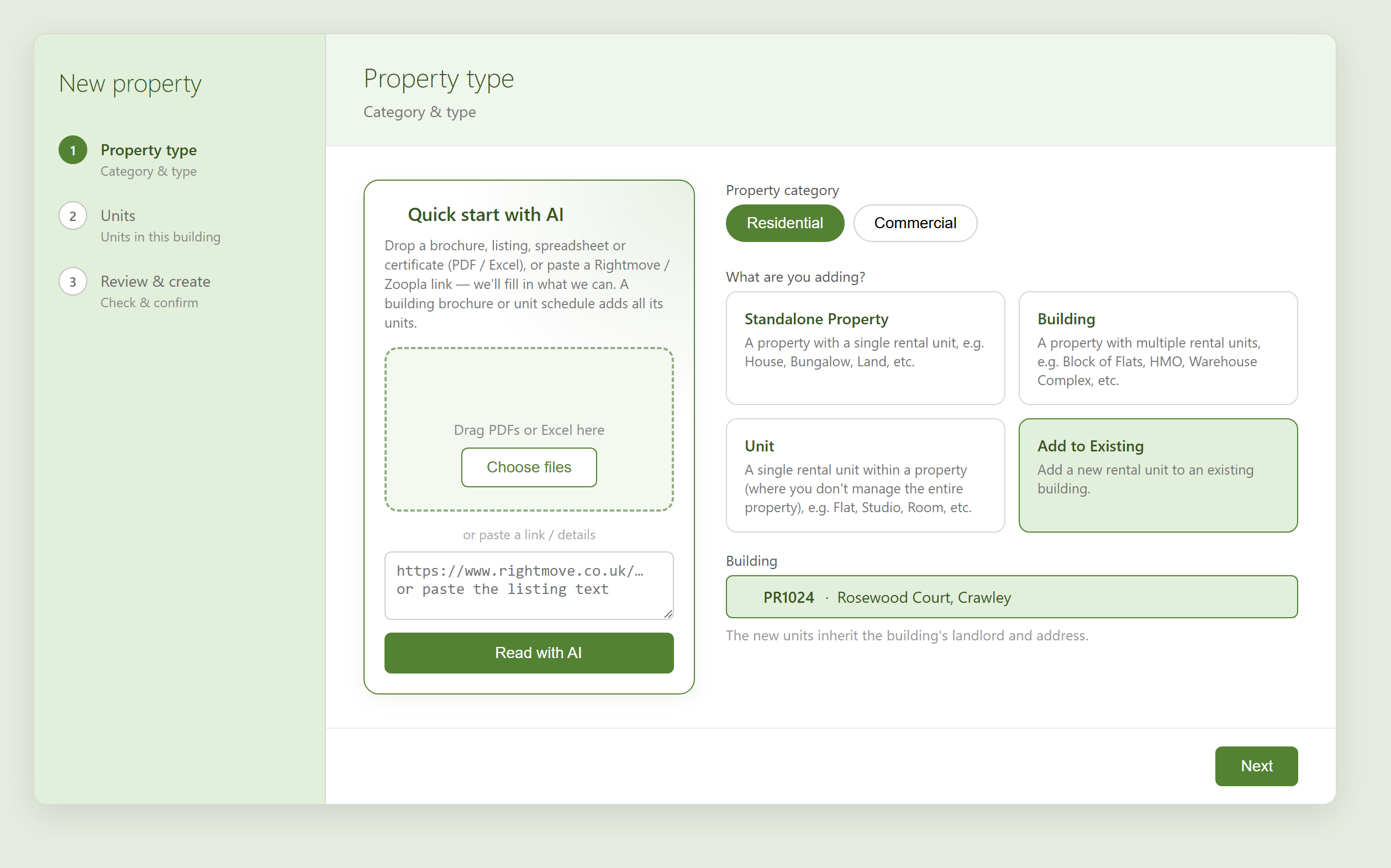 The property type step with 'Add to Existing' selected and a building chosen in the Building box.