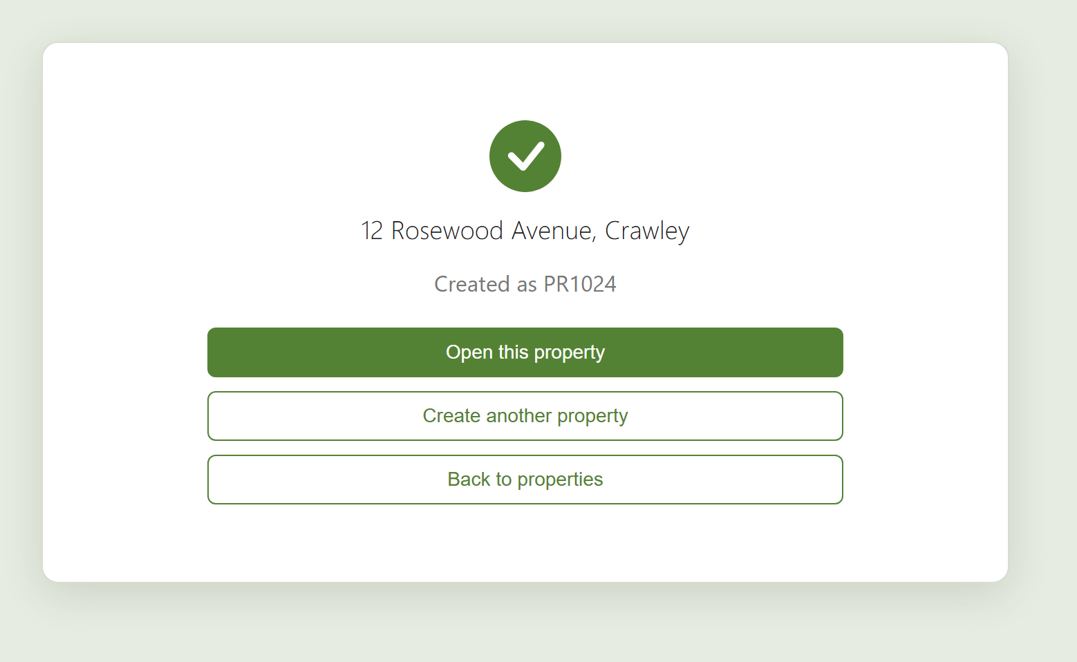 The success screen confirming the property was created, with Open / Create another / Back to properties buttons.
