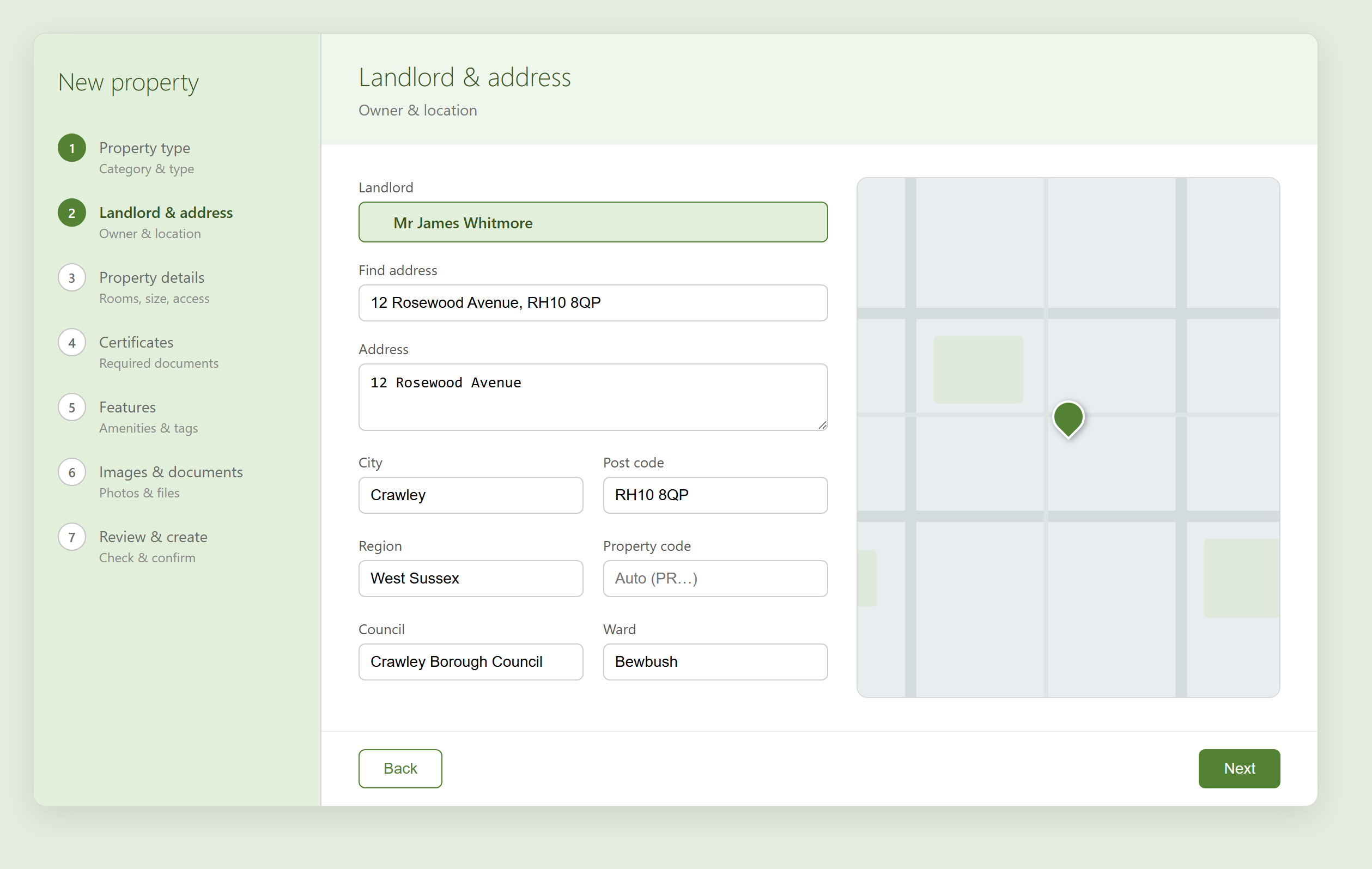 Step 2: landlord picker and address fields on the left, with a map pin on the right.