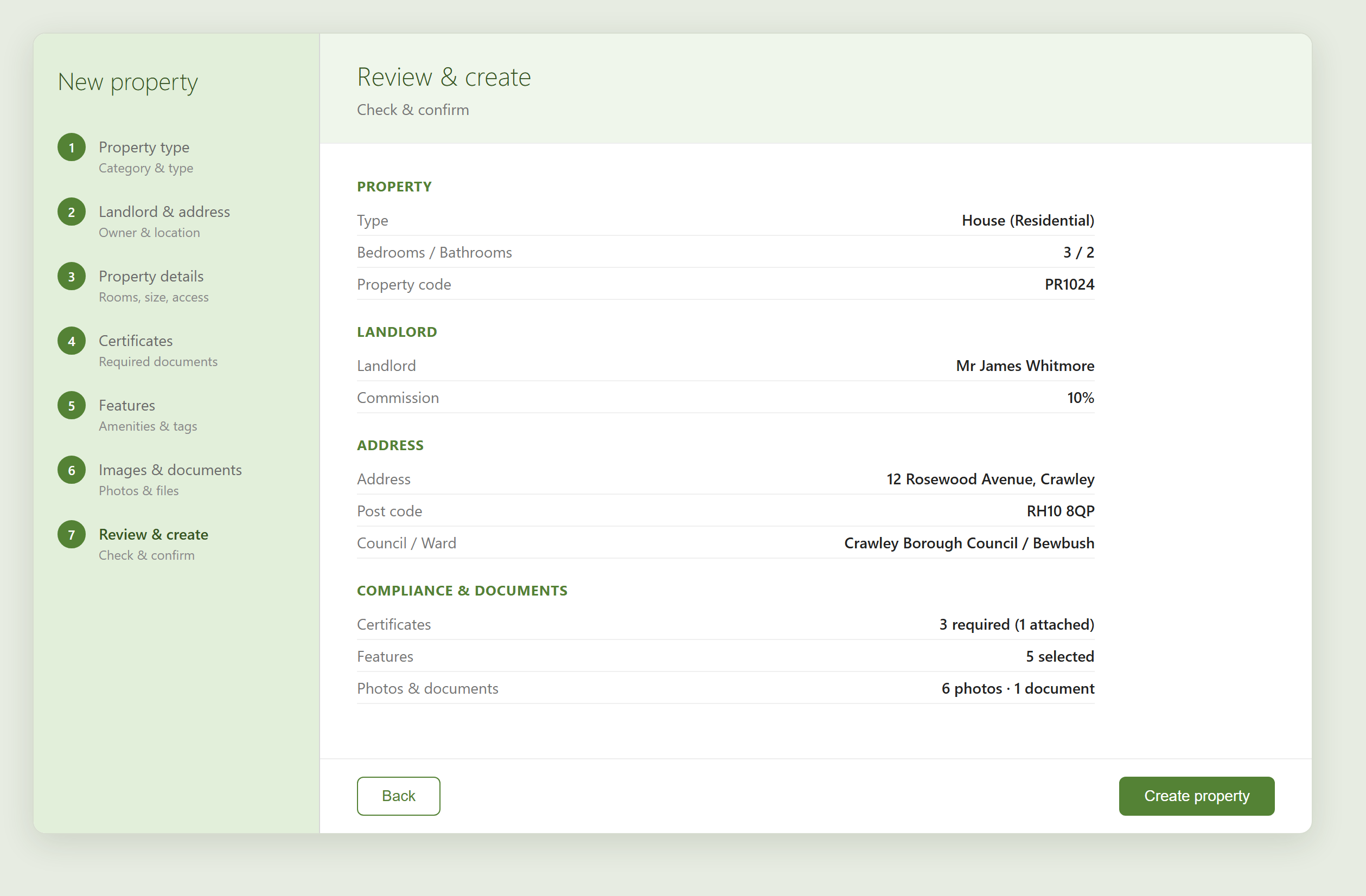 The Review & create step summarising the property, landlord, address and compliance before creating.