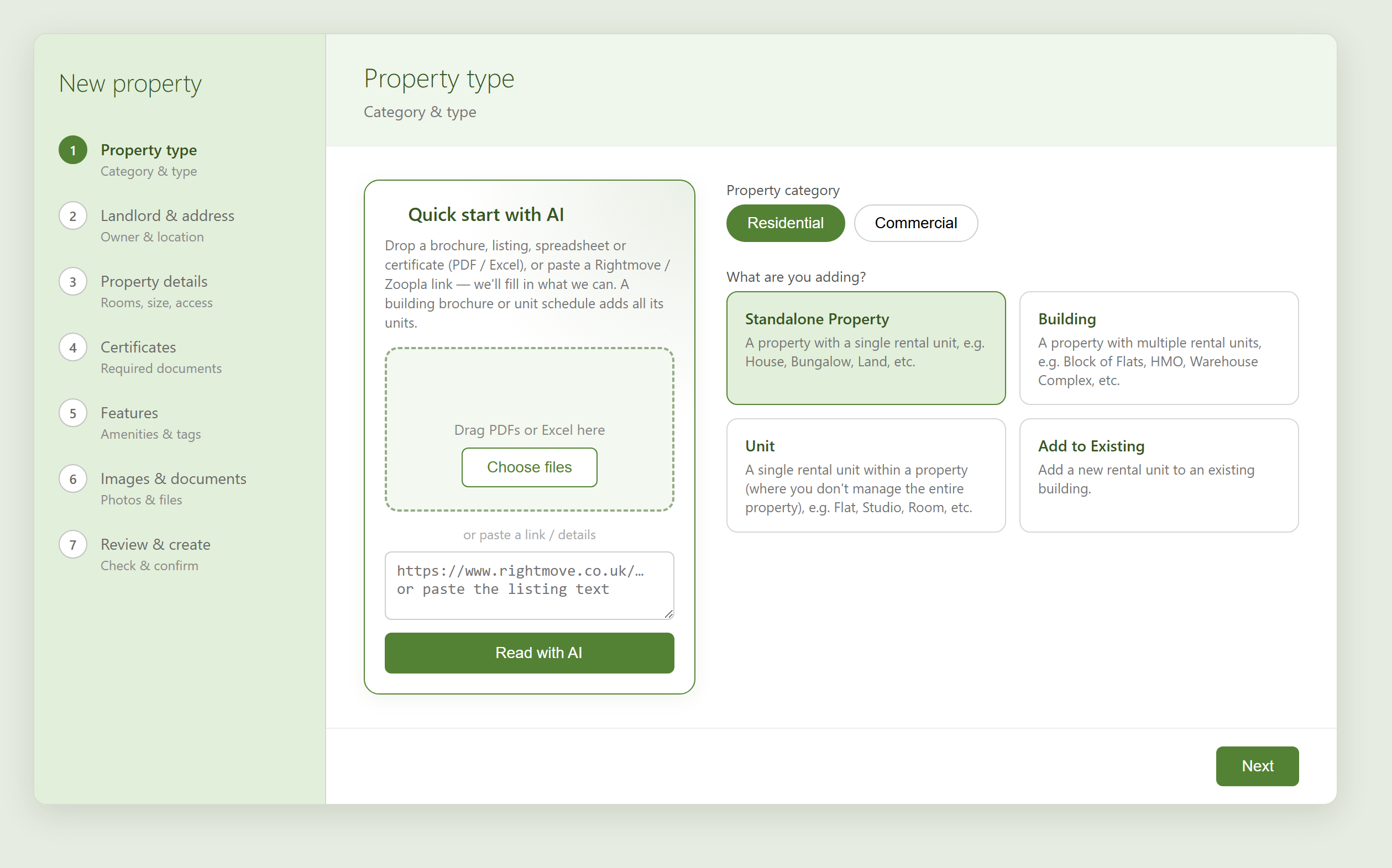 Step 1 of the New Property wizard: property category, the four 'what are you adding' cards, and the Quick start with AI panel.