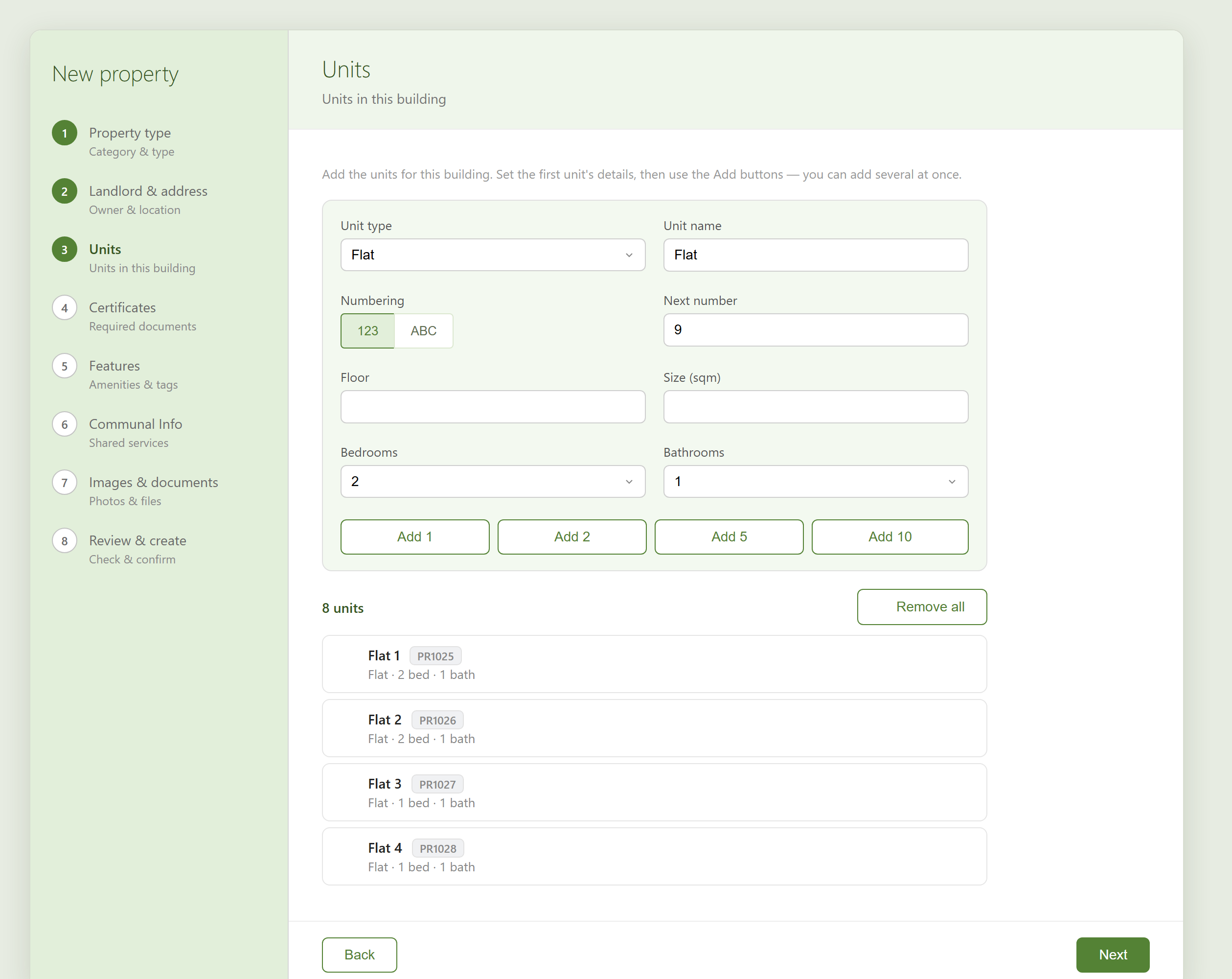 The Units step: a unit template with Add 1/2/5/10 buttons and the list of created units below.