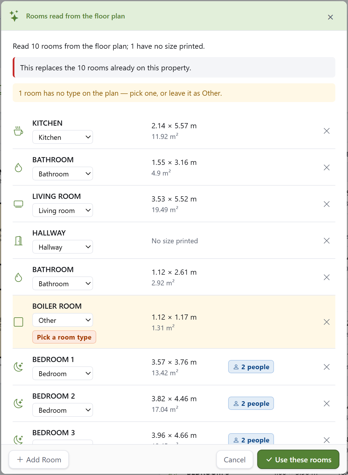 The Read with AI window listing the rooms read from the floor plan, with a room type, size and maximum occupants for each, and Use these rooms to save.