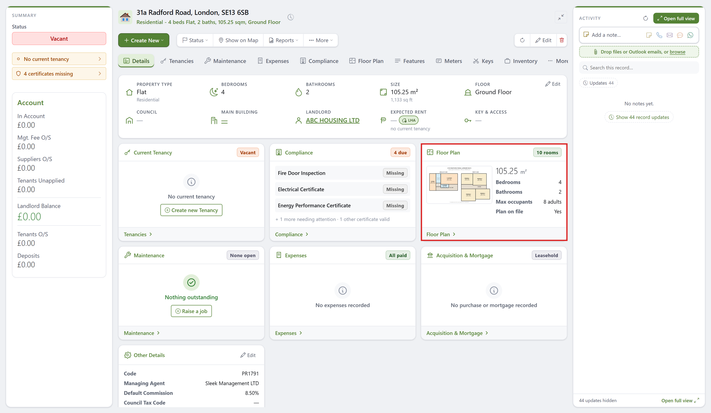 The new property page: key facts across the top, then live cards for the tenancy, compliance, floor plan, maintenance, expenses and acquisition, with the account summary on the left and activity on the right.