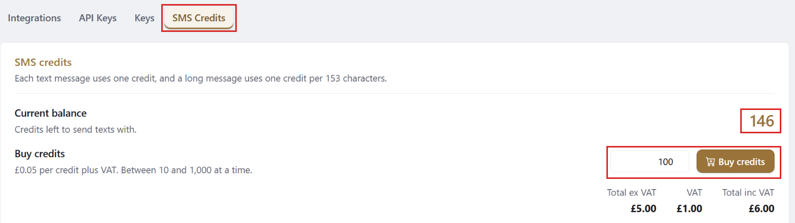 The SMS Credits tab in Settings, showing the current balance, the quantity box and the Buy Credits button