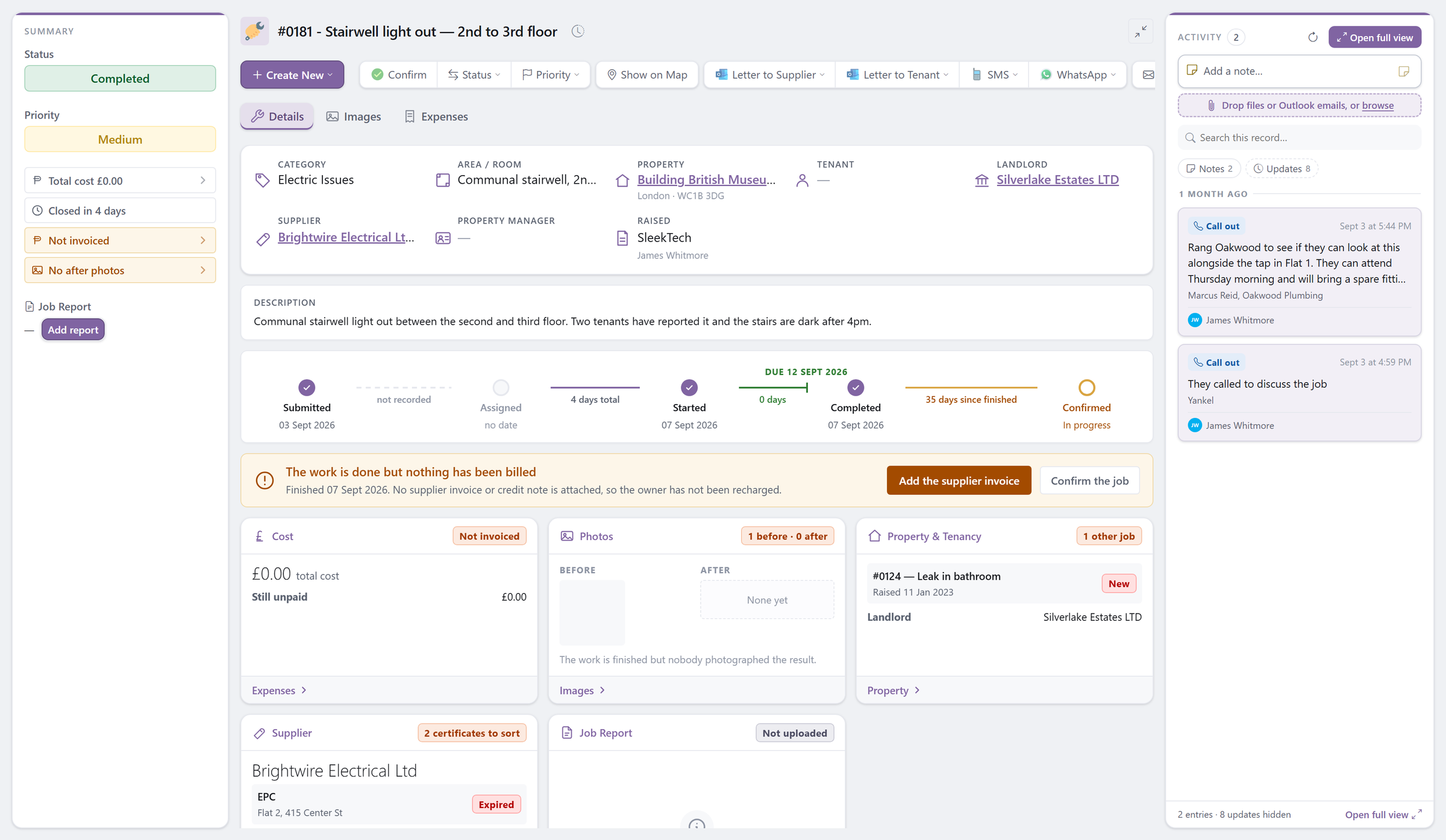 The new maintenance job page: the job details, a progress timeline from submitted to confirmed, a banner saying the work is done but nothing has been billed, and cards for cost, photos and the property.