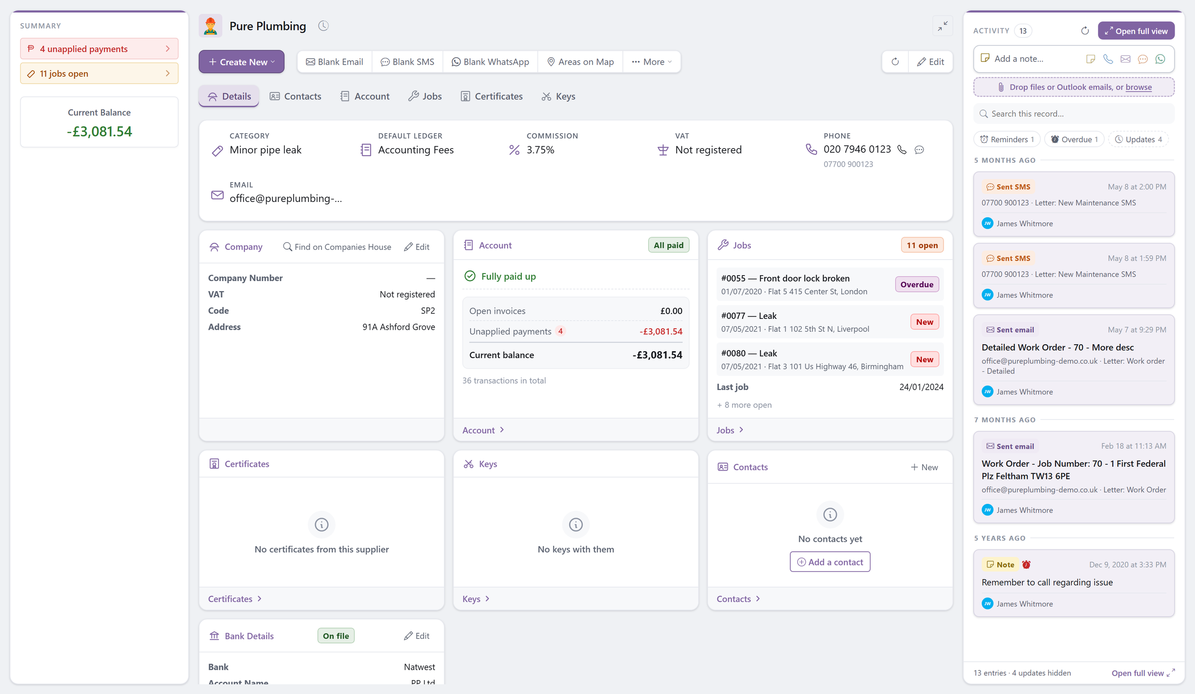 The new supplier page: key details across the top, then cards for the company, the account, open jobs, certificates, keys and contacts, with activity on the right.