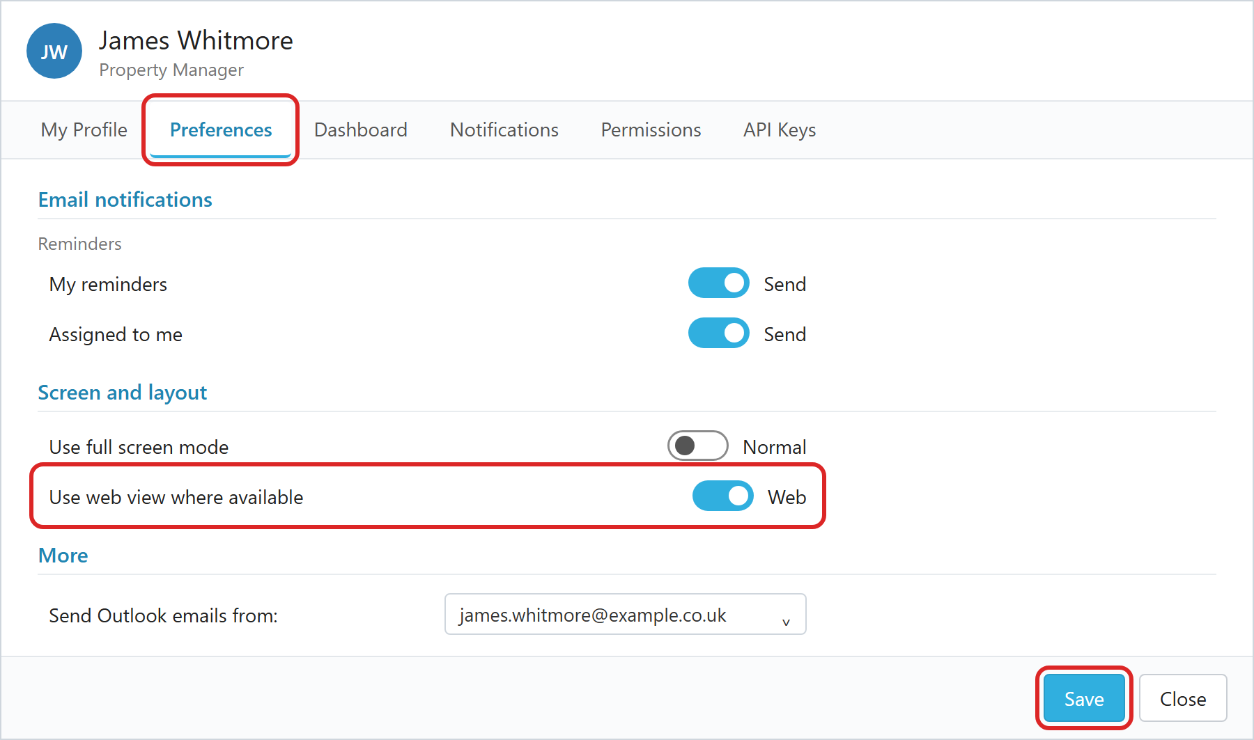 The Preferences tab of your profile window, with Use web view where available set to Web, and the Save button.
