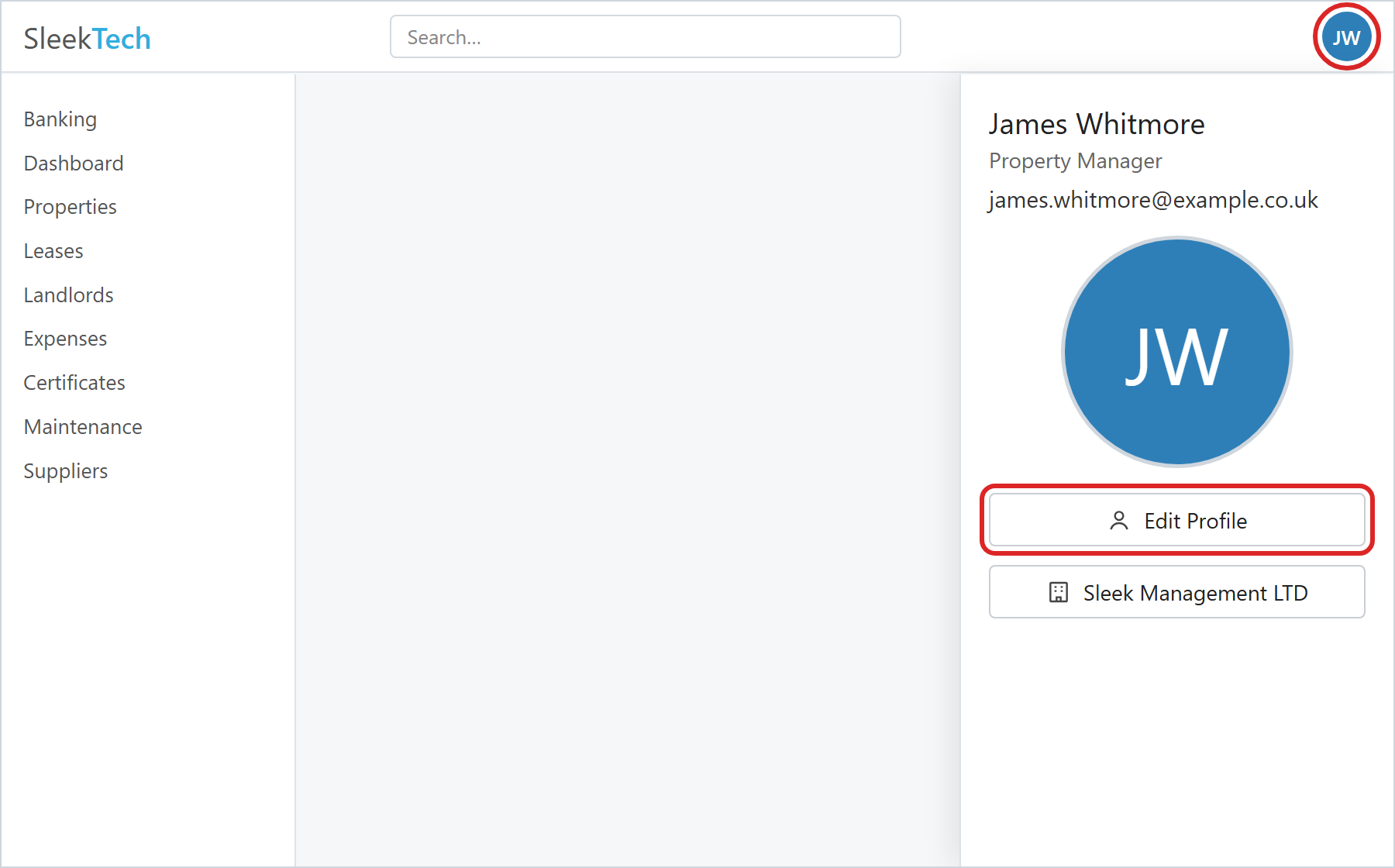 Your profile picture in the top-right corner of SleekTech, and the panel it opens with the Edit Profile button.