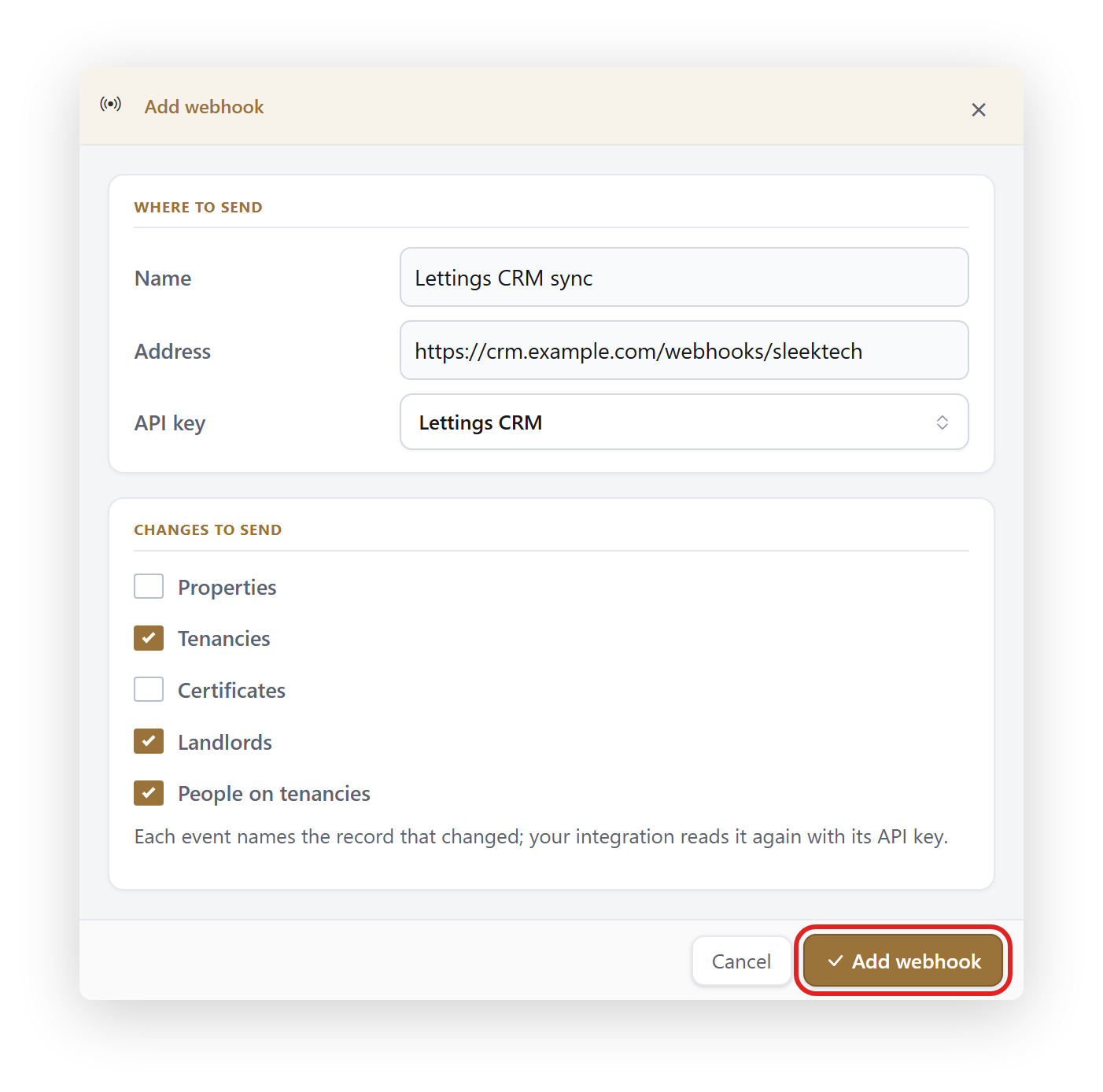 The Add Webhook window with a name, address, API key and the changes to send
