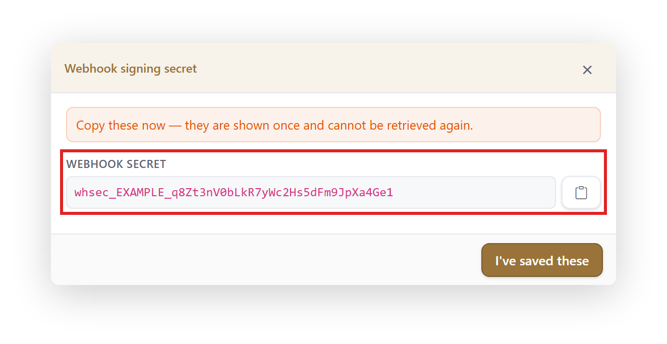 The Webhook Signing Secret window, shown once