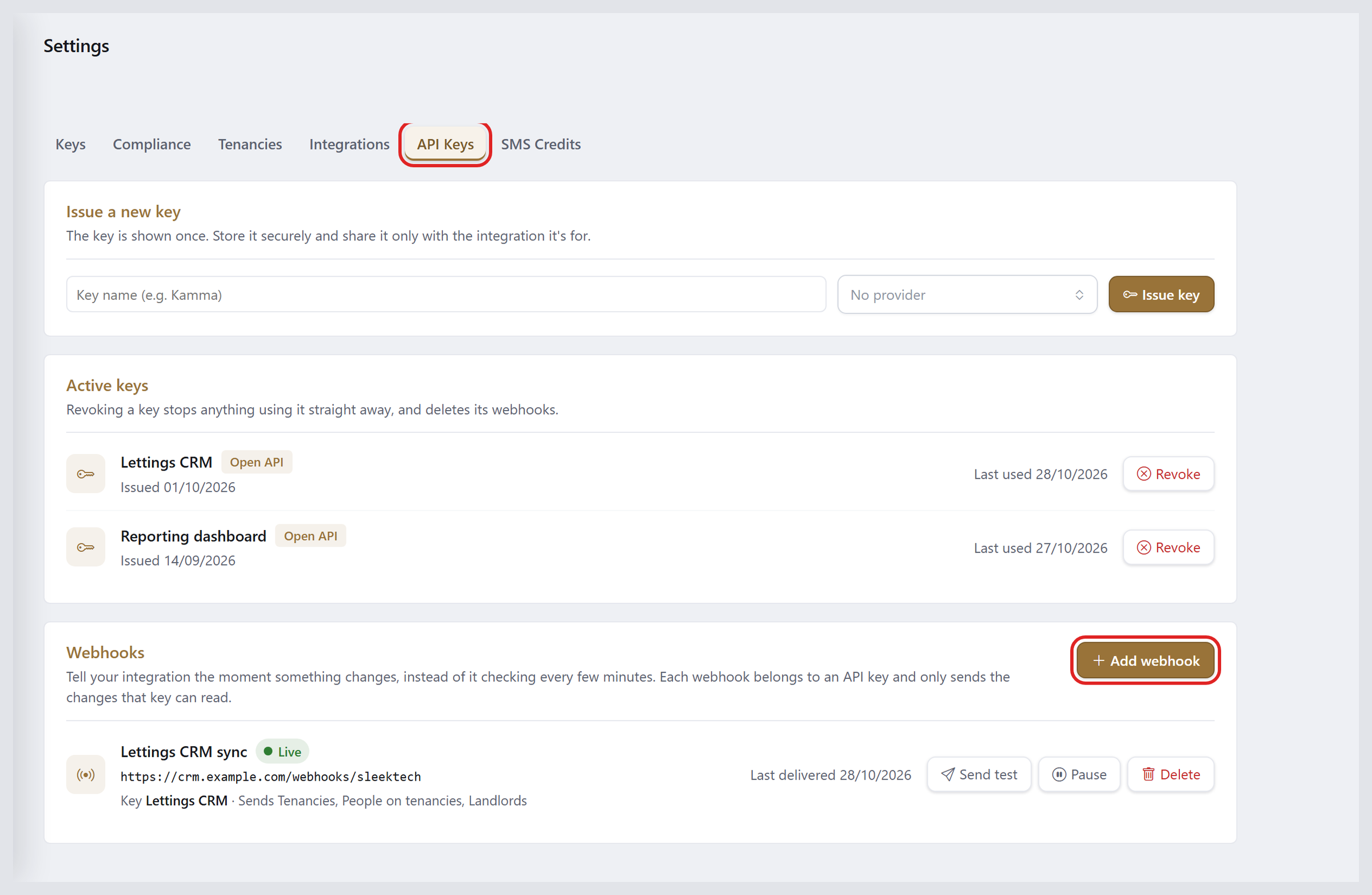 The API Keys tab in Settings - Web, with the Add Webhook button in the Webhooks section